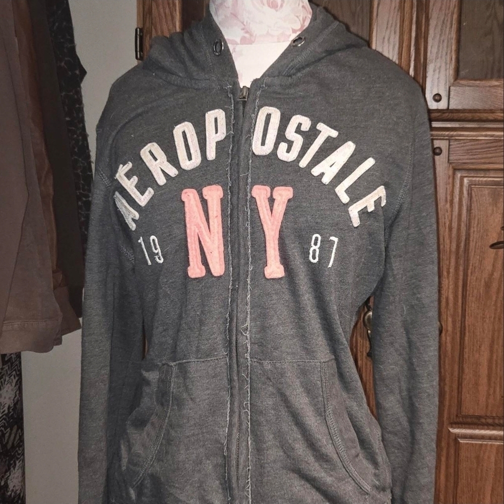 Aeropostale Gray Vintage Zip Up with Pink Accents